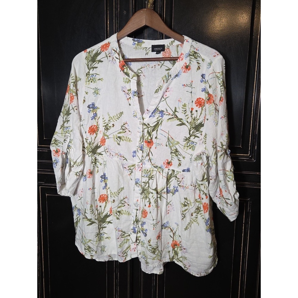 Jones And Co Linen Blend Floral Button Up 1X, Garden Party,  Flowey, Summer